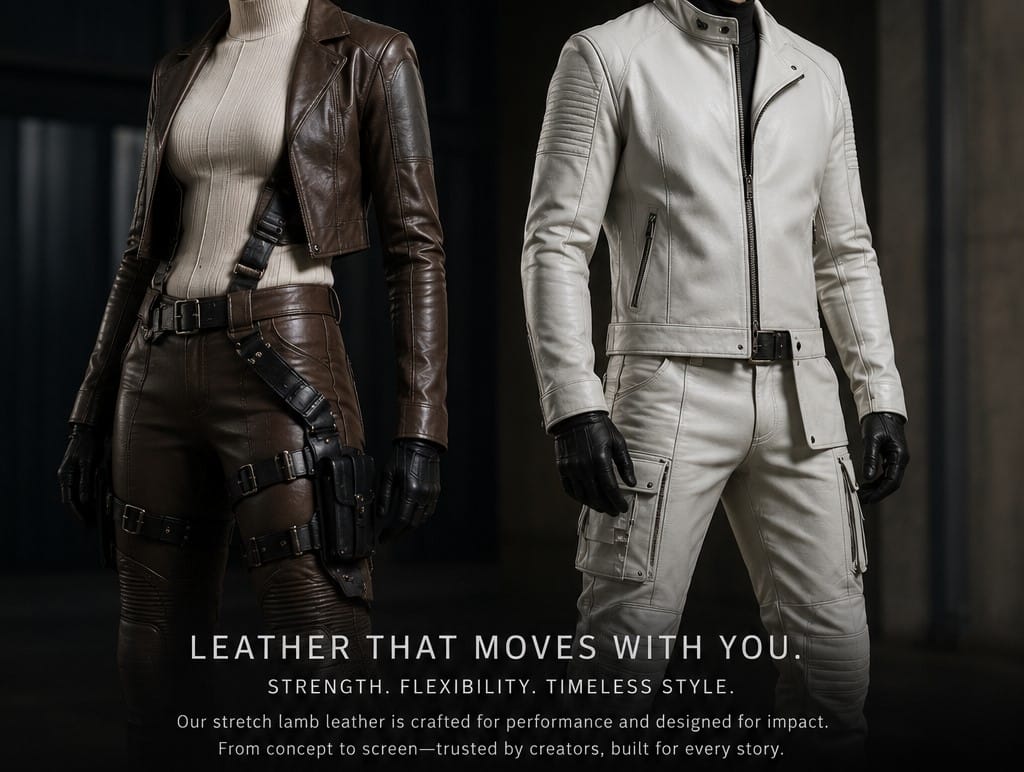 stretch lamb Promotional image showcasing stretch lamb leather garments, featuring a rustic brown fitted jacket and utility pants alongside a white leather jacket and cargo-style pants. The garments are displayed on headless mannequins in a cinematic studio setting, highlighting the leather's flexibility, structure, and premium finish.