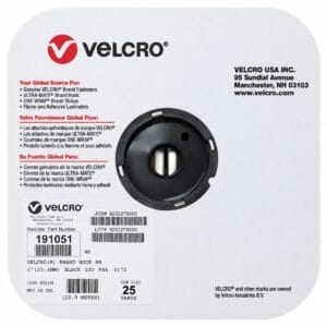 velcro® brand adhesive hook and loop tape Velcro product packaging with a circular black mounting piece centered on the card and Velcro branding on the left and top-right text blocks.