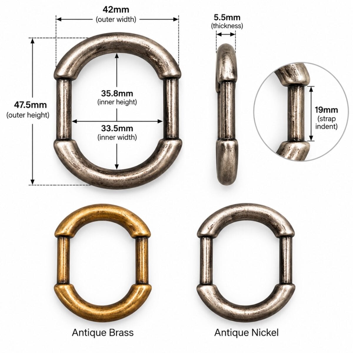 33 mm oval ring size chart 33 mm oval ring size chart – YAD5016, 35.8 x 33.5 mm inside, 47.5 x 42 mm outside, 5.5 mm thick, for 19 mm (3/4") straps
