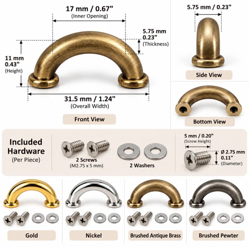 Y0895 Arch Bridge Strap Keeper Dimensions illustration Y0895 arch bridge strap keeper dimensions: 17 mm opening, 31.5 mm wide, 11 mm tall, with 2 screws and 2 washers