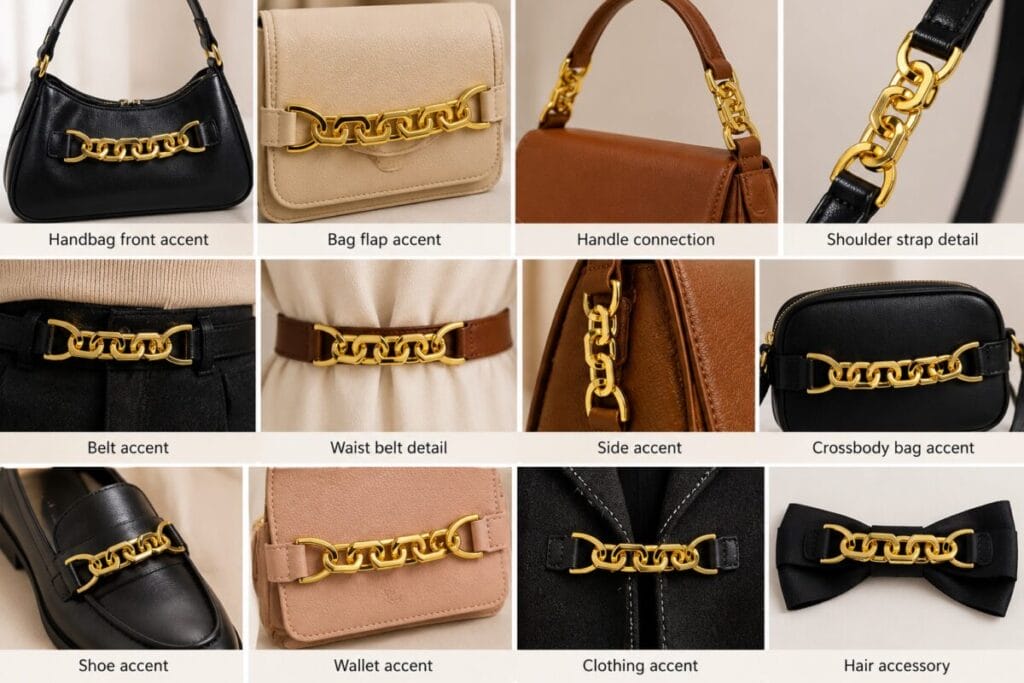 Y1691 chain strap connector uses: handbag front, bag flap, handle, shoulder strap, belt, shoe, wallet, clothing and hair bow accents