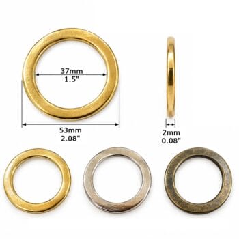 37 mm flat O ring size chart 37 mm flat O ring Y7465 size chart – 37 mm inside, 53 mm outside, 2 mm thick, in gold, nickel and antique brass