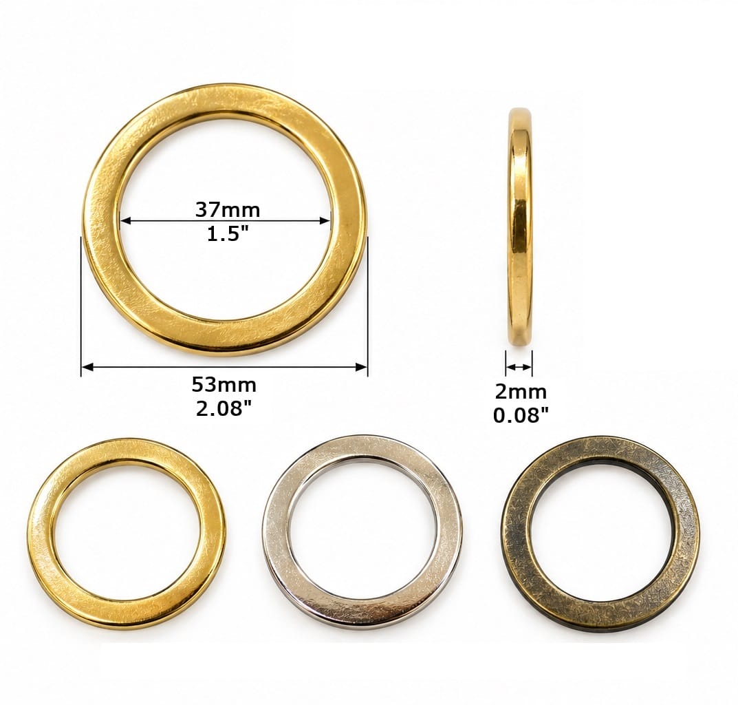 37 mm flat O ring size chart 37 mm flat O ring Y7465 size chart – 37 mm inside, 53 mm outside, 2 mm thick, in gold, nickel and antique brass