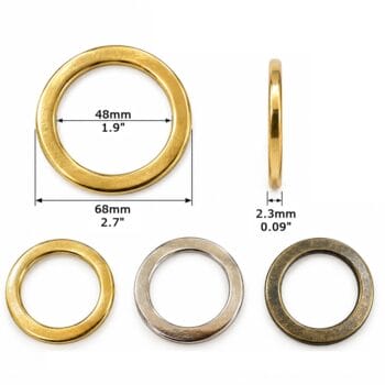 48 mm flat O ring Y7465 size chart – 48 mm inside, 68 mm outside, 2.3 mm thick, in gold, nickel and antique brass