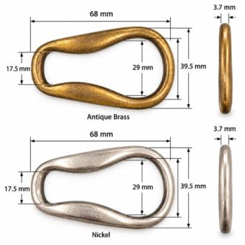 Y021 tear drop metal loop size chart – 68 mm long, 39.5 mm wide, 17.5 mm and 29 mm inside, antique brass and nickel