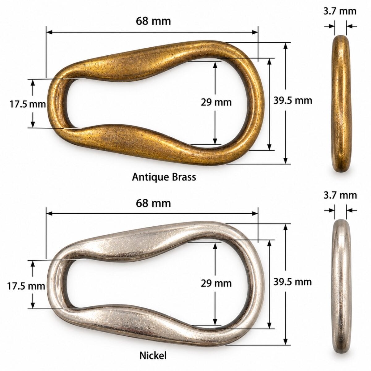 Y021 tear drop loop size chart Y021 tear drop metal loop size chart – 68 mm long, 39.5 mm wide, 17.5 mm and 29 mm inside, antique brass and nickel
